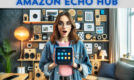 A 25-year-old woman looking like a virtual geek, showing surprise while holding an 8" screen, which is the new AMAZON ECHO HUB. This device is an Alexa-enabled Smart Home control panel designed to organize and control smart devices in the home. The woman is in a modern living room, surrounded by visible smart devices such as security cameras, alarm systems, lights, locks, plugs, blinds and thermostats. The woman has a modern, tech-savvy look, wearing casual, modern clothing, with a background that reflects a tech-oriented lifestyle.